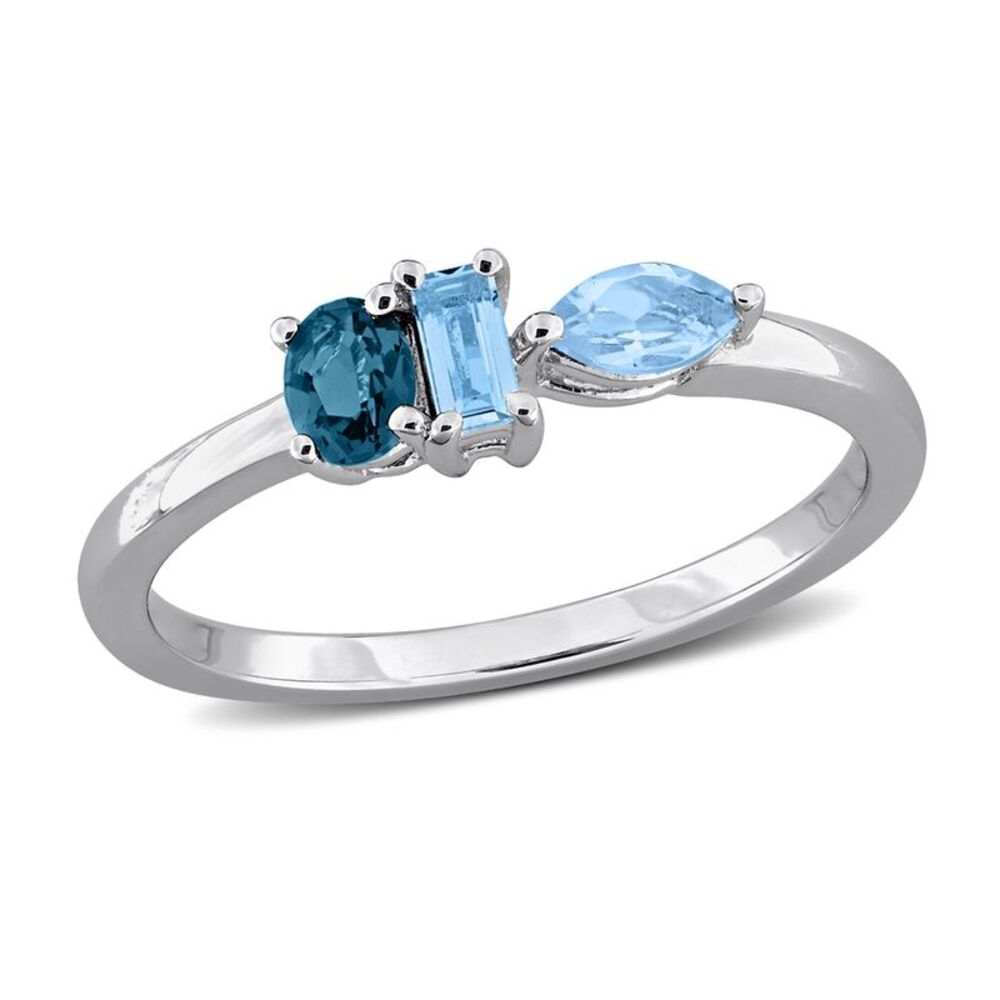 3/5 Carat (ctw) London Blue and Sky Blue Topaz Three Stone Ring Sterling Silver